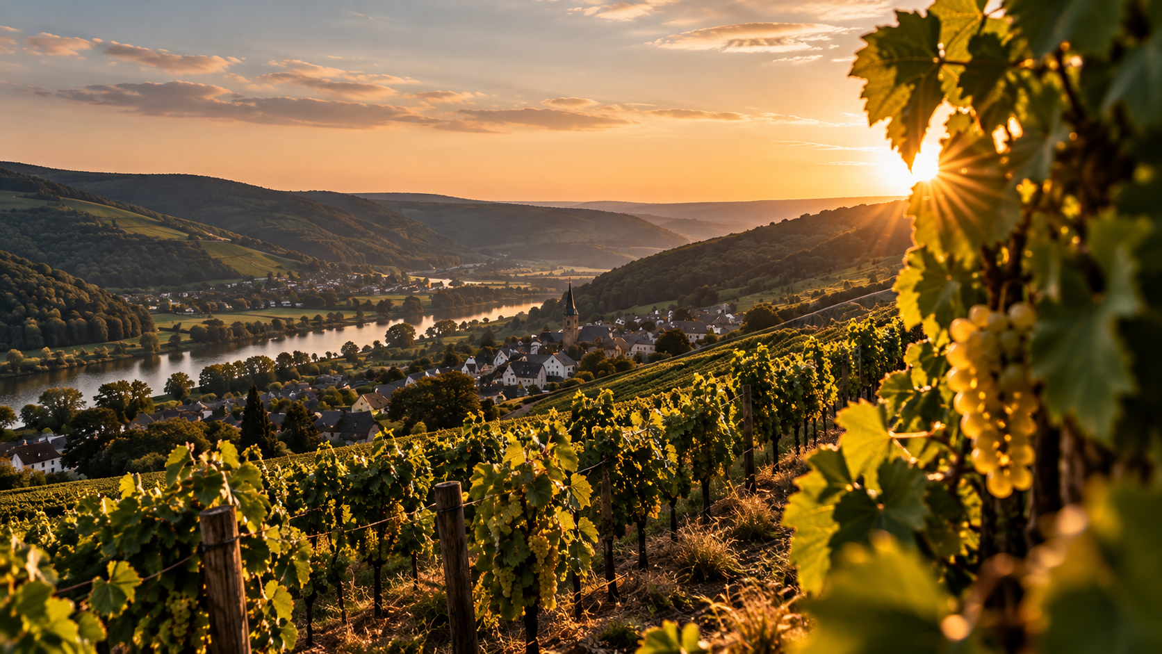 Blick über Weinberge und Moseltal bei Mehring in warmem Abendlicht